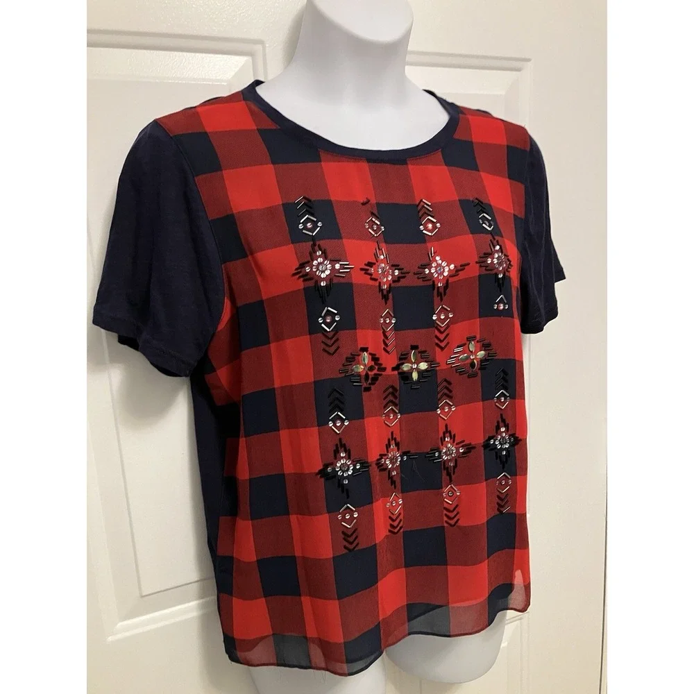 J Crew‎ Women's Beaded Lumberjack Buffalo Plaid  Size XL Blouse Shirt Red Blue